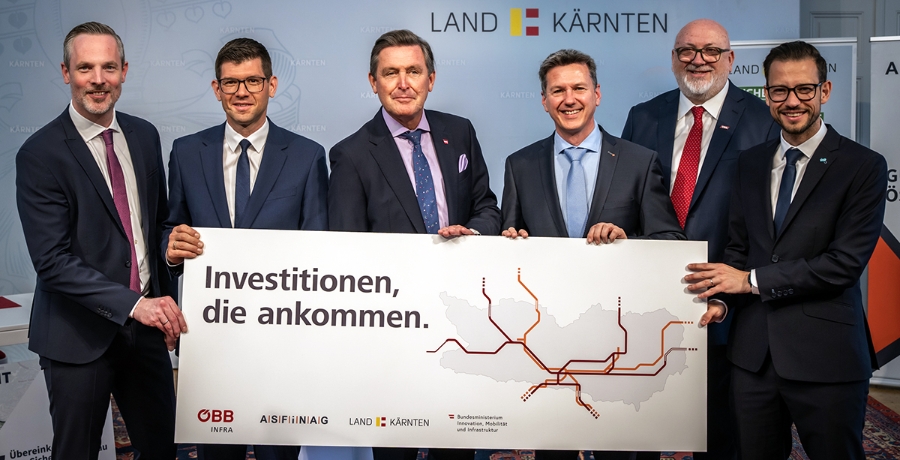 Mobilitätsminister Peter Hanke, Landeshauptmann Daniel Fellner, Landeshauptmann-Stellvertreter Martin Gruber, Landesrat Sebastian Schuschnig, ASFINAG Vorstandsdirektor Hartwig Hufnagl und ÖBB-CEO Andreas Matthä 