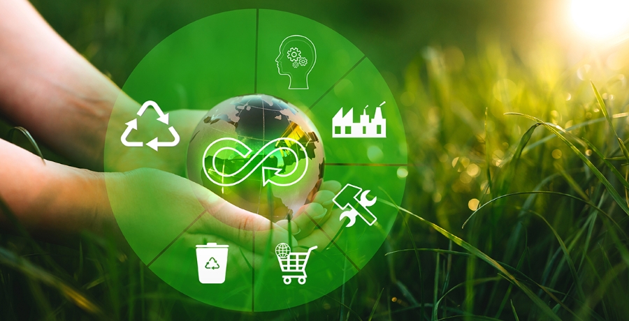 Konzept der Kreislaufwirtschaft. Teilen, Wiederverwenden, Reparieren, Renovieren und Recyceln vorhandener Materialien und Produkte so weit wie möglich.  Beseitigung von Abfall und Verschmutzung.