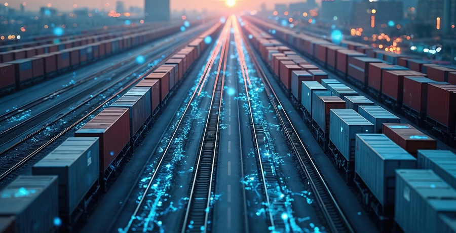 Intelligente Logistik: Züge bewegen sich in einer digitalen Stadt mithilfe von Datenströmen
