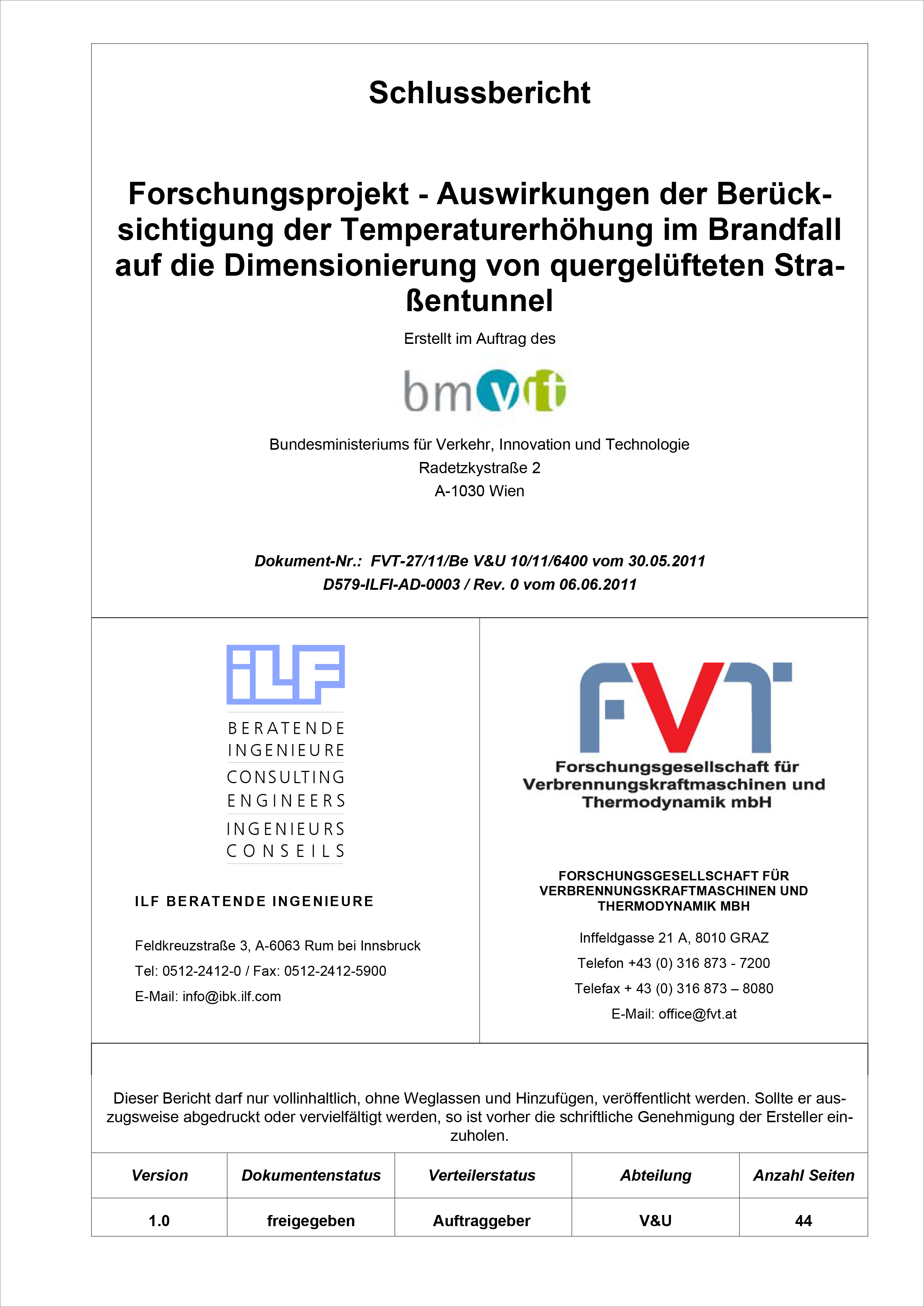 Titelblatt der Broschüre "Auswirkungen der Berücksichtigung der Temperaturerhöhung im Brandfall auf die Dimensionierung von quergelüfteten Straßentunneln"
