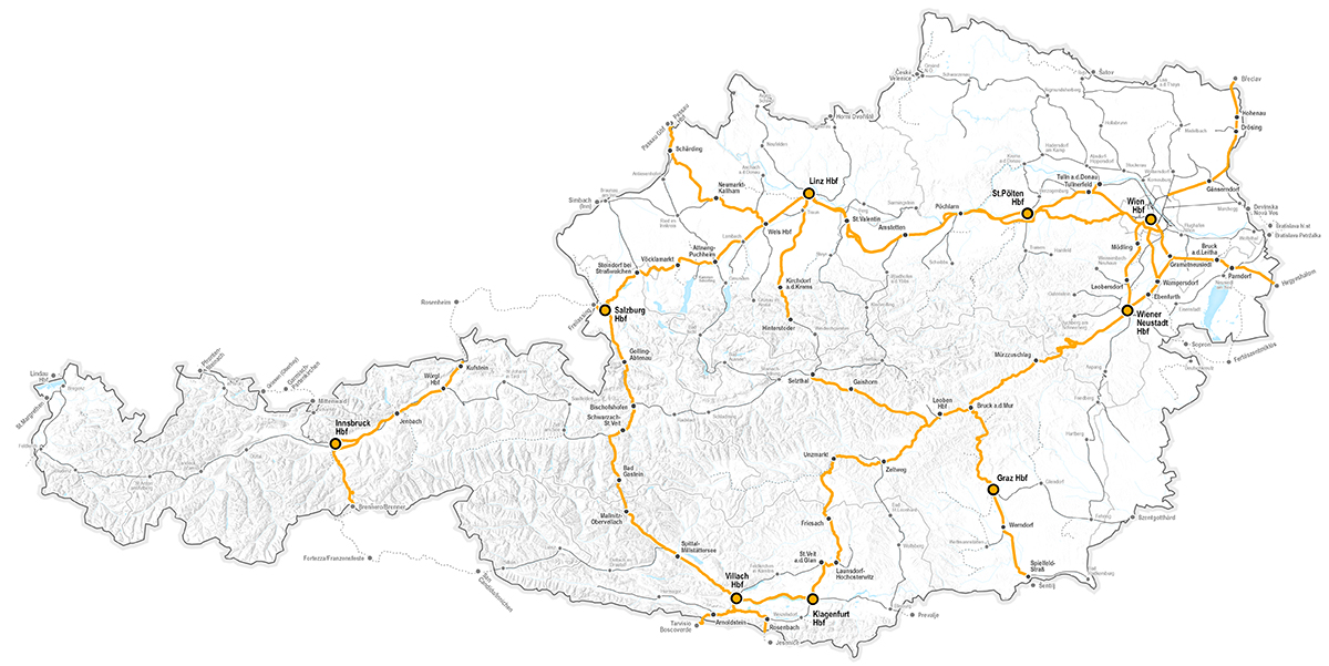 Landkarte Österreichs: leisere Bahnstrecken hervorgehoben