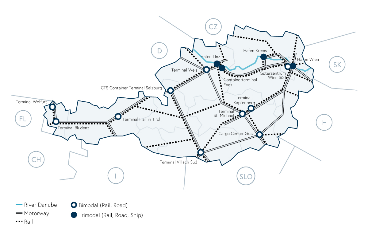 map of Austria with terminals, motorways and railways
