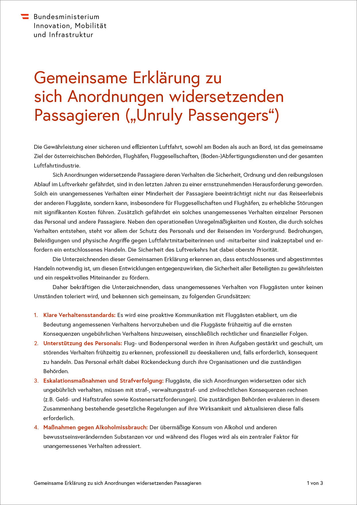 Titelblatt "Gemeinsame Erklärung zu sich Anordnungen widersetzenden Passagieren"