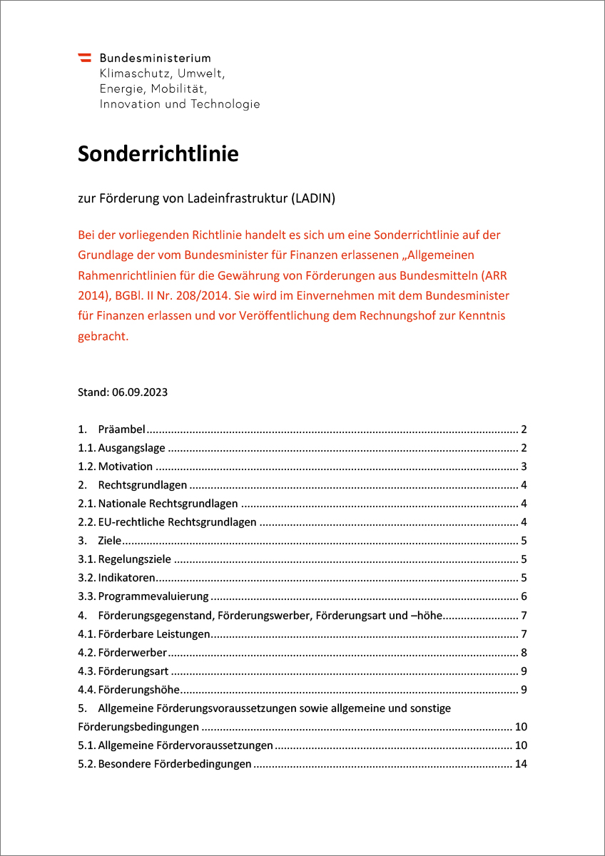 Titelblatt der Sonderrichtlinie zur Förderung von Ladeinfrastruktur (LADIN)