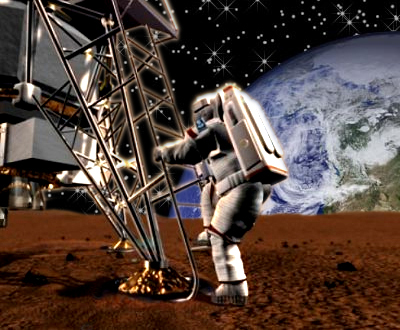 An astronaut is boarding its space capsule. In the background a part of the earth can be seen.