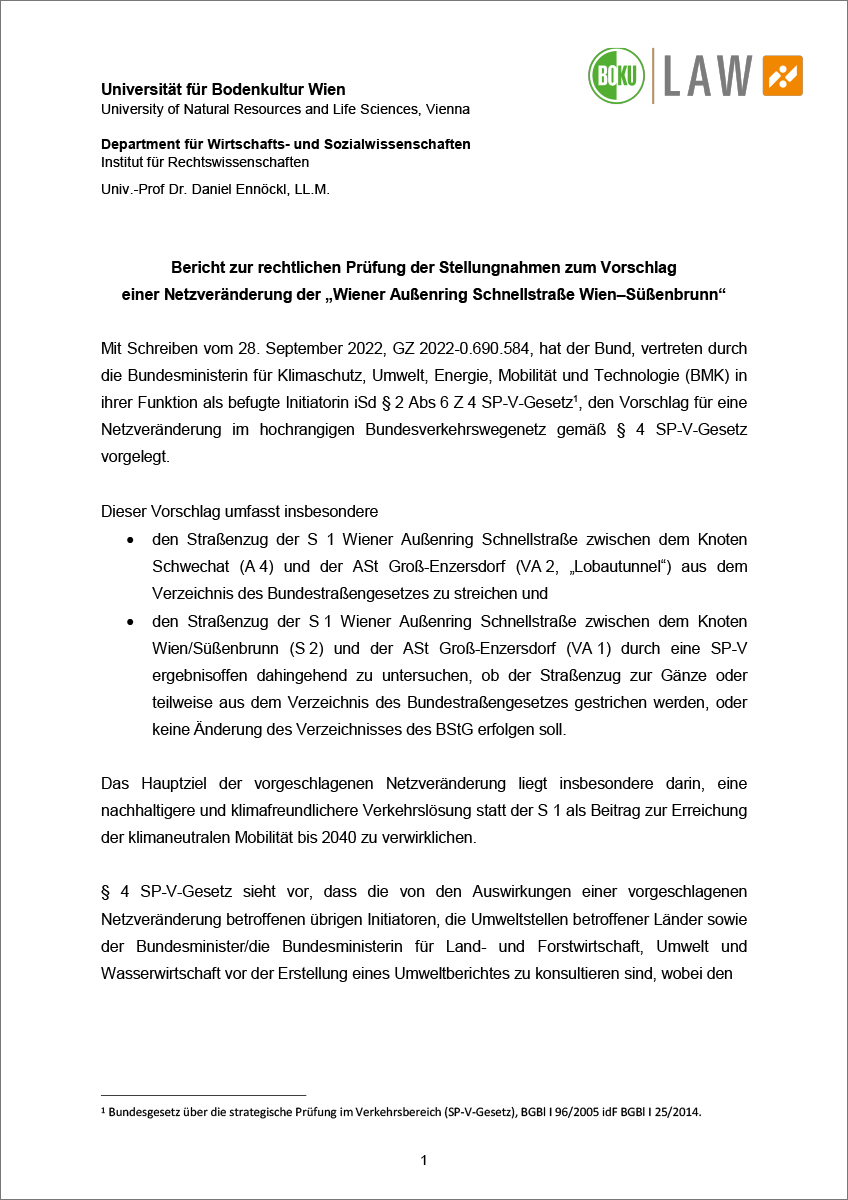 Titelblatt "Bericht zur rechtlichen Prüfung der Stellungnahmen"