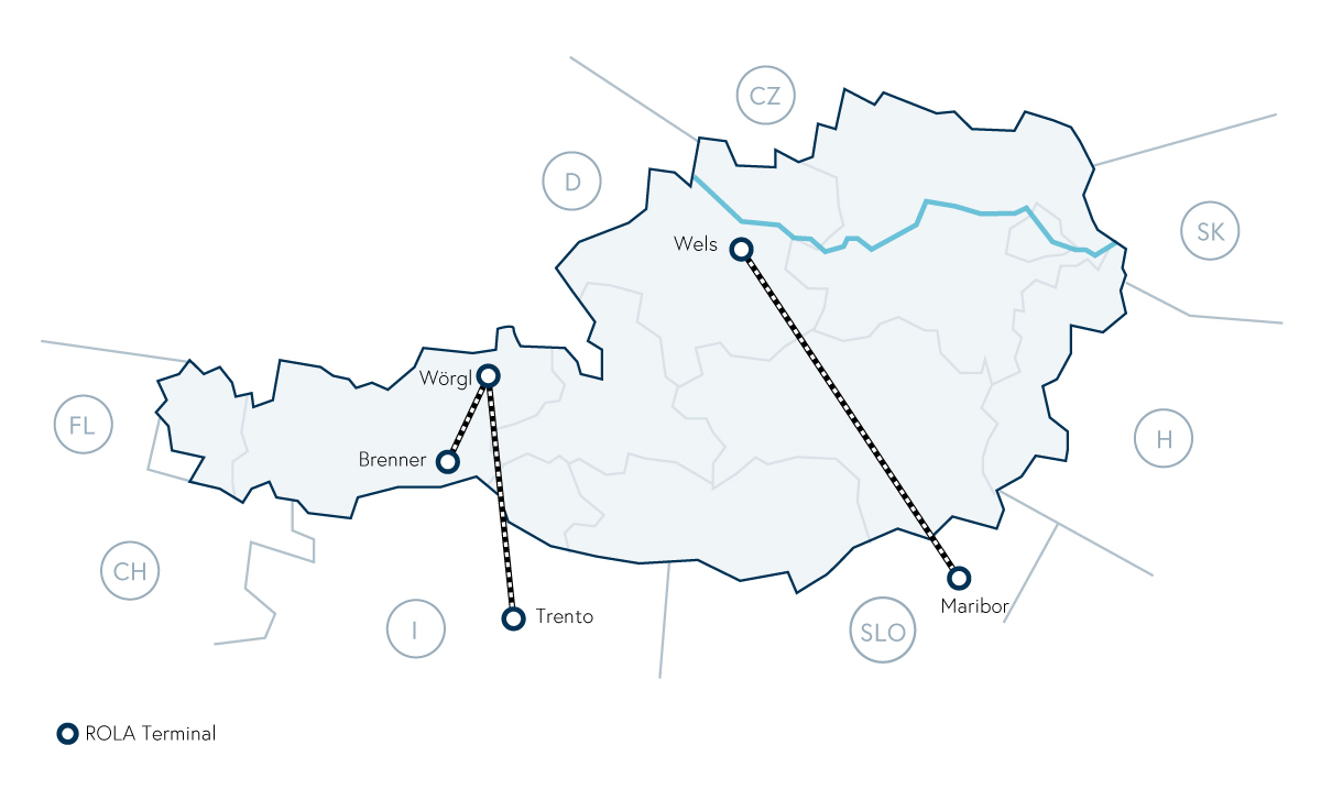 Landkarte Österreichs mit seinen Nachbarn und Terminals der rollenden Landstraße
