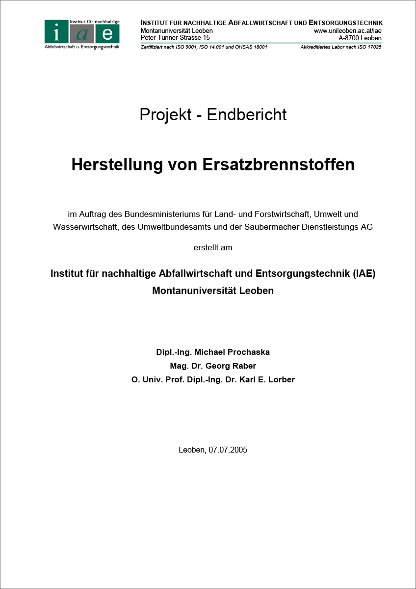 Titelblatt "Herstellung von Ersatzbrennstoffen"